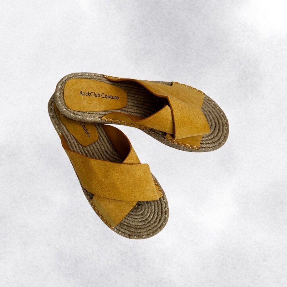 RockClub Couture Women's Mustard Yellow Suede Strap Espadrille Slides Size 9 - Picture 2 of 8